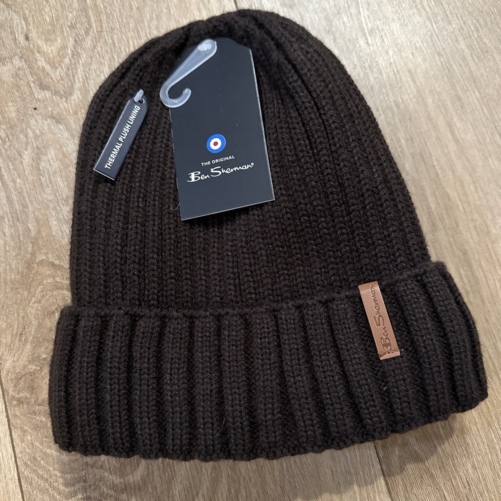 BEN SHERMAN Brown Cuffed Knit Beanie Hat Thermal Plush Lining British Style‎